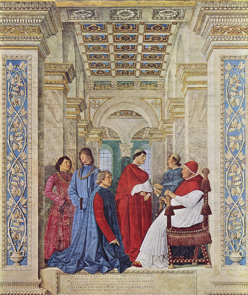 Đức Giáo hoàng Sixtus IV, năm 1477, người xây dựng nhà nguyện Sistine. Fresco bởi Melozzo da Forlì trong Vatican Palace.
